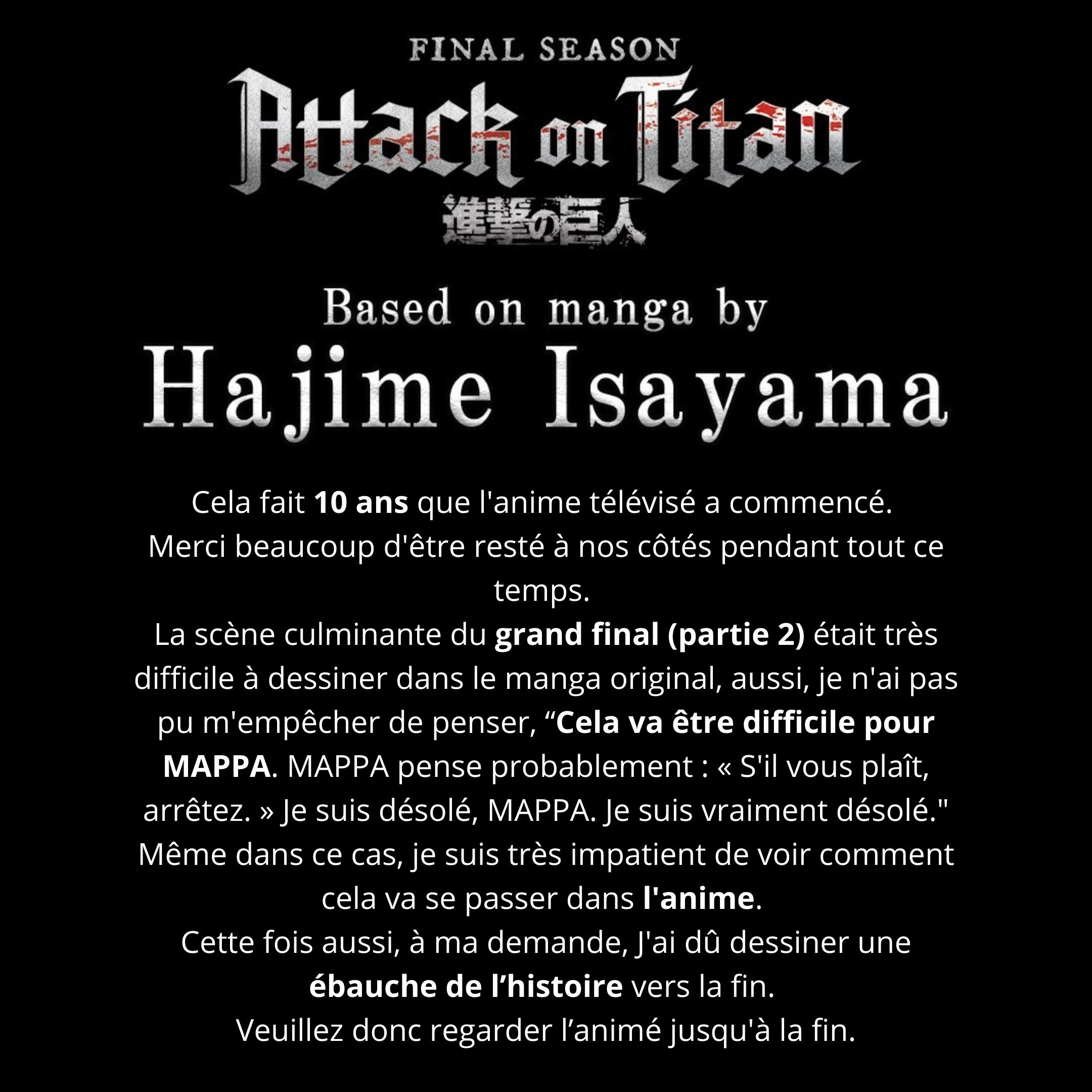 Message d’Hajime Isayama, traduit en français, avant le grand final de l’anime L’Attaque des Titans