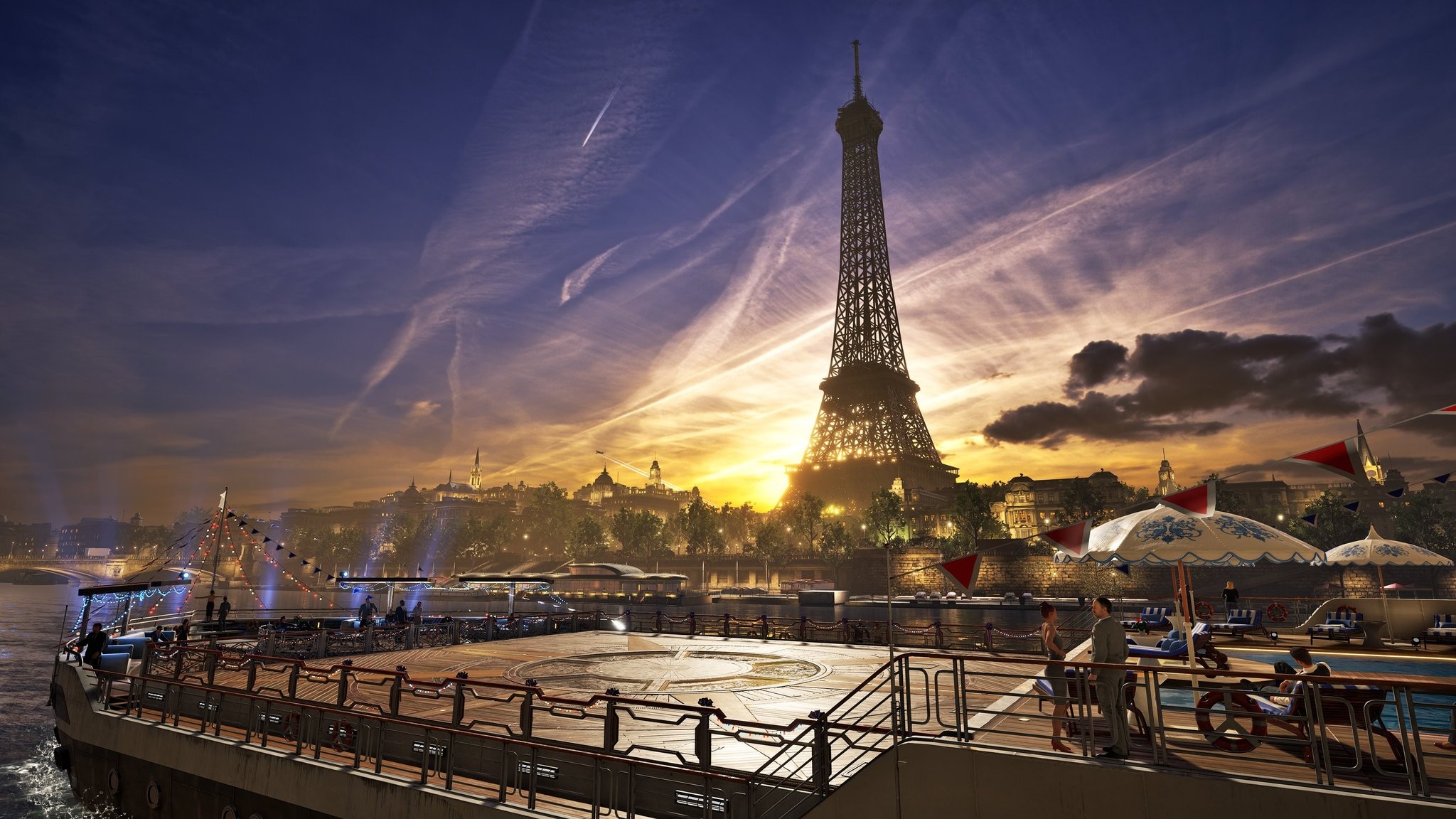 Arène de Tekken 8 sur le pont d’un bateau-mouche, la tour Eiffel au coucher du soleil en arrière-plan