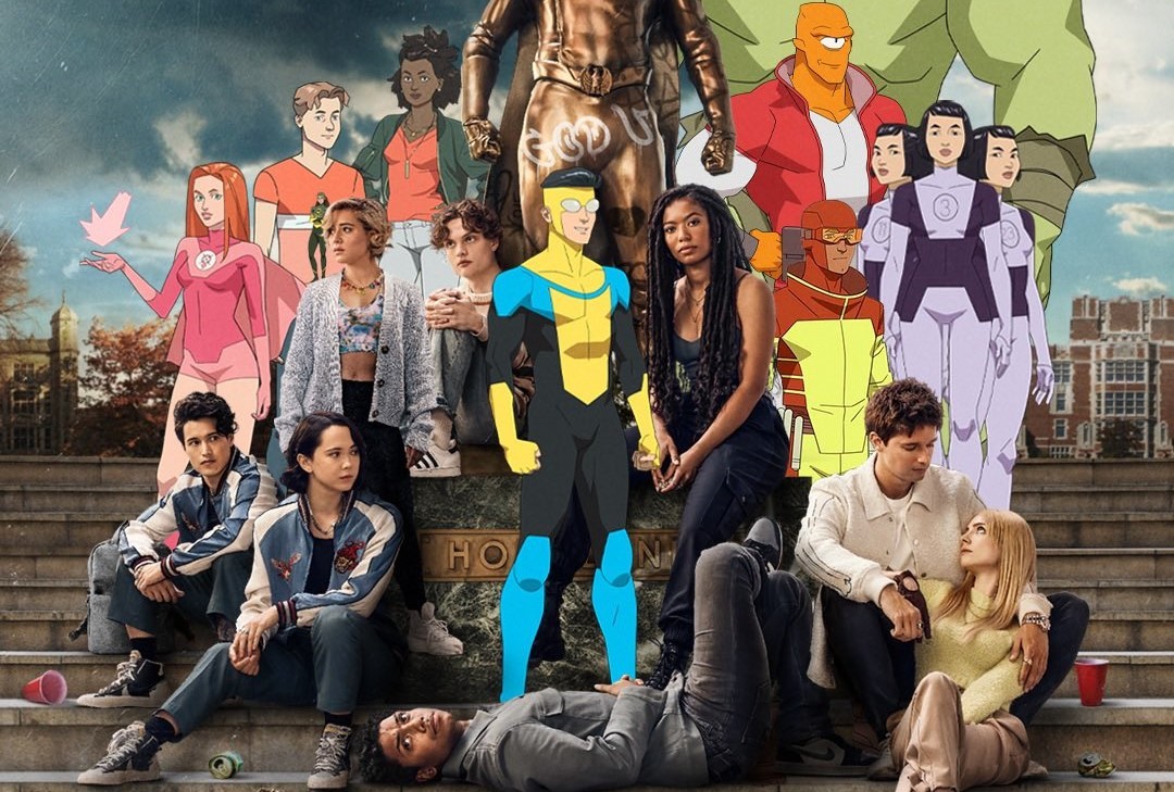 Les étudiants de Gen V réunis sur des marches avec Invincible et d’autres héros animés