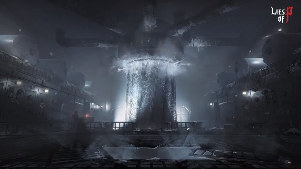 Artwork du DLC de Lies of P&nbsp;: une immense salle industrielle autour d’une colonne de glace
