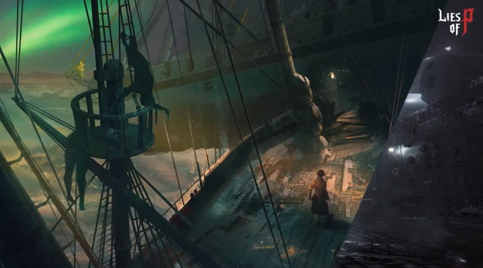 Artwork du DLC de Lies of P&nbsp;: un personnage sur le pont d’un navire géant sous une aurore boréale