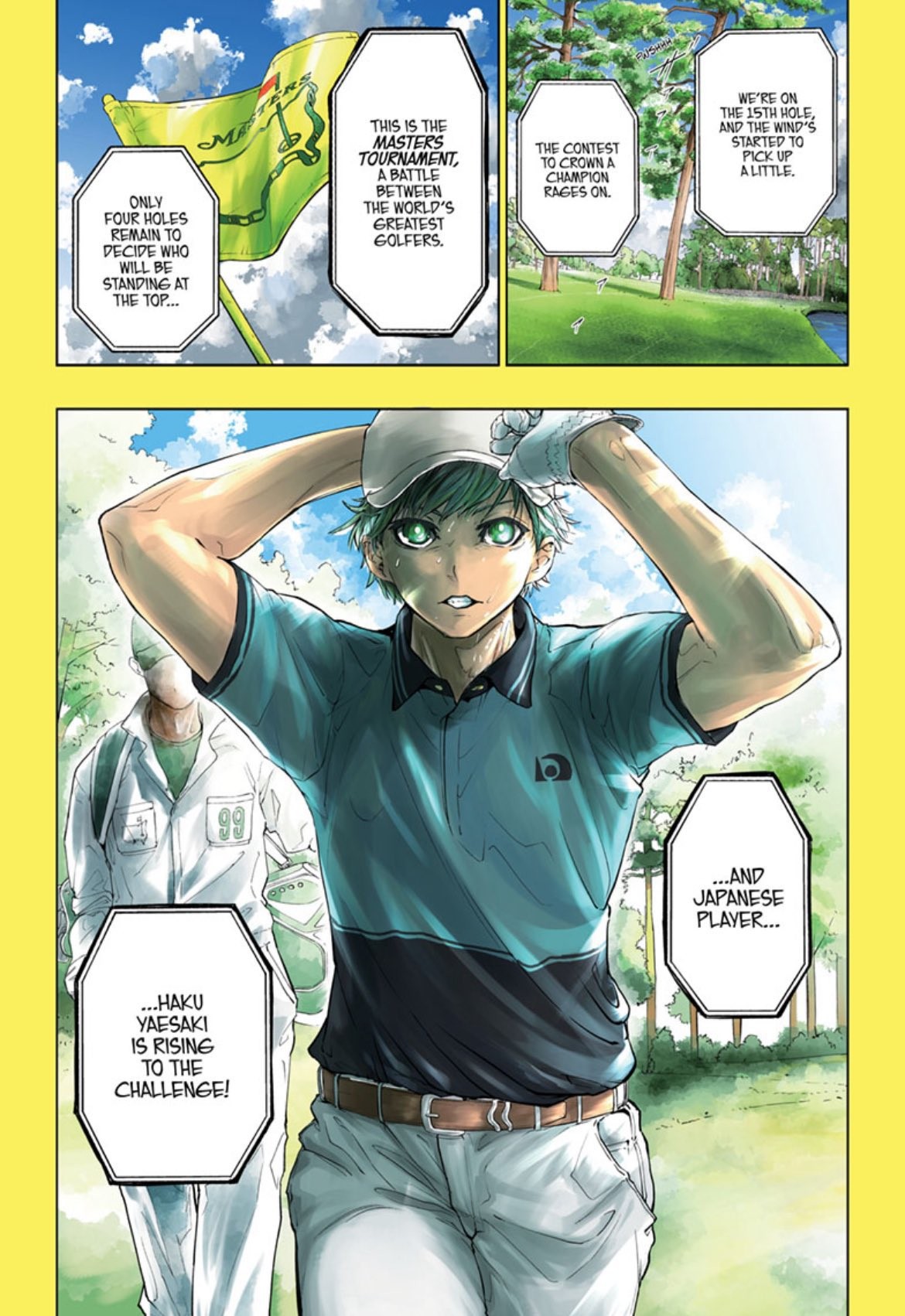 Planche couleur en anglais de Green Green Greens&nbsp;: Haku Yaesaki en polo, au Masters de golf