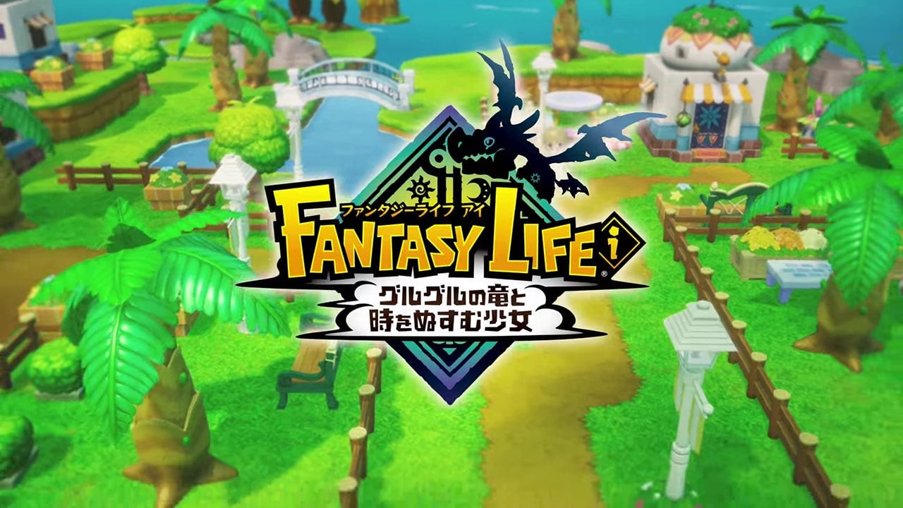 Logo de Fantasy Life i sur un village insulaire verdoyant, avec palmiers et pont