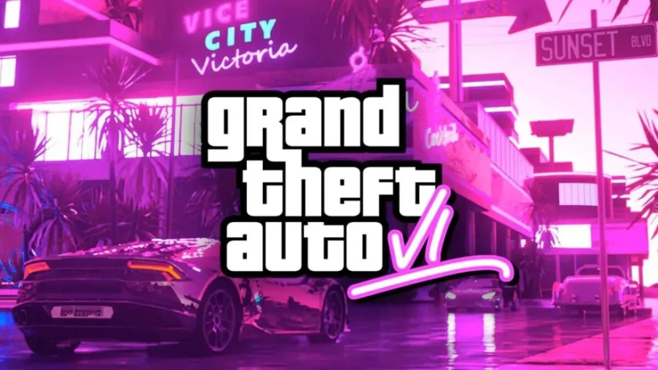 Logo de Grand Theft Auto VI devant une rue de Vice City aux néons roses, une voiture de sport au premier plan