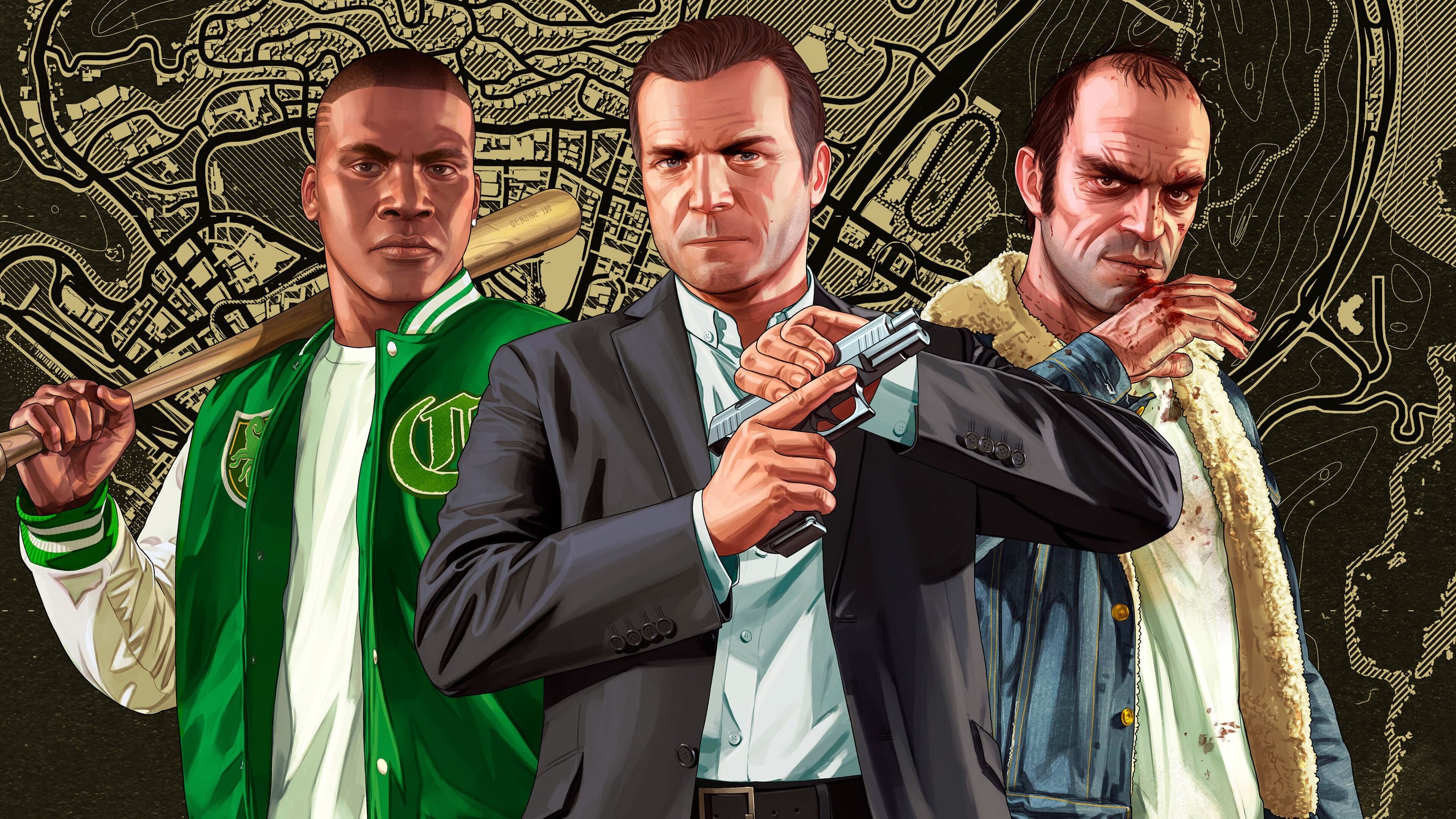 Franklin, Michael et Trevor, les trois héros de GTA V, devant une carte de Los Santos