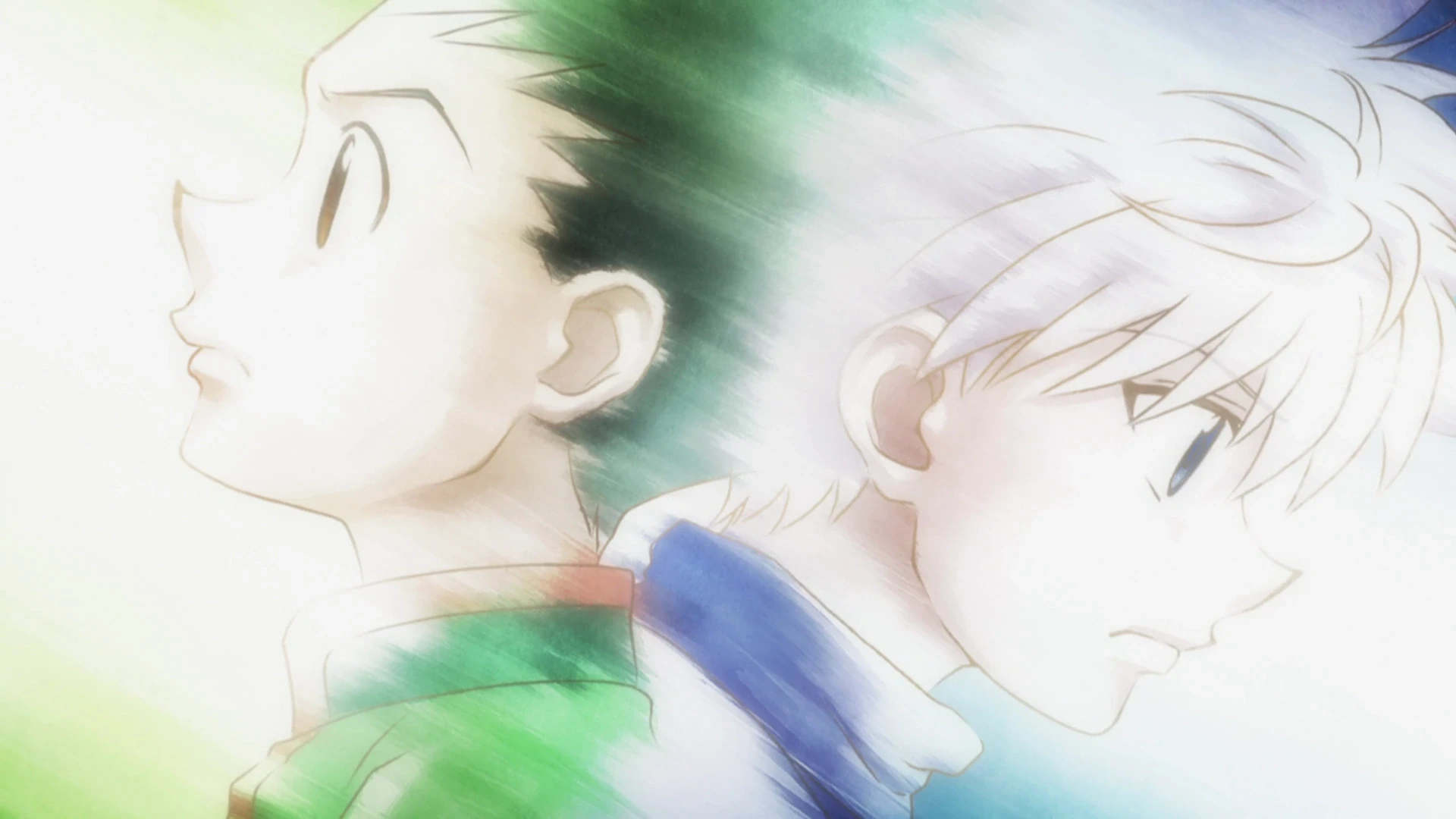 Gon et Killua de profil, dos à dos, dans une scène de l’anime Hunter x Hunter