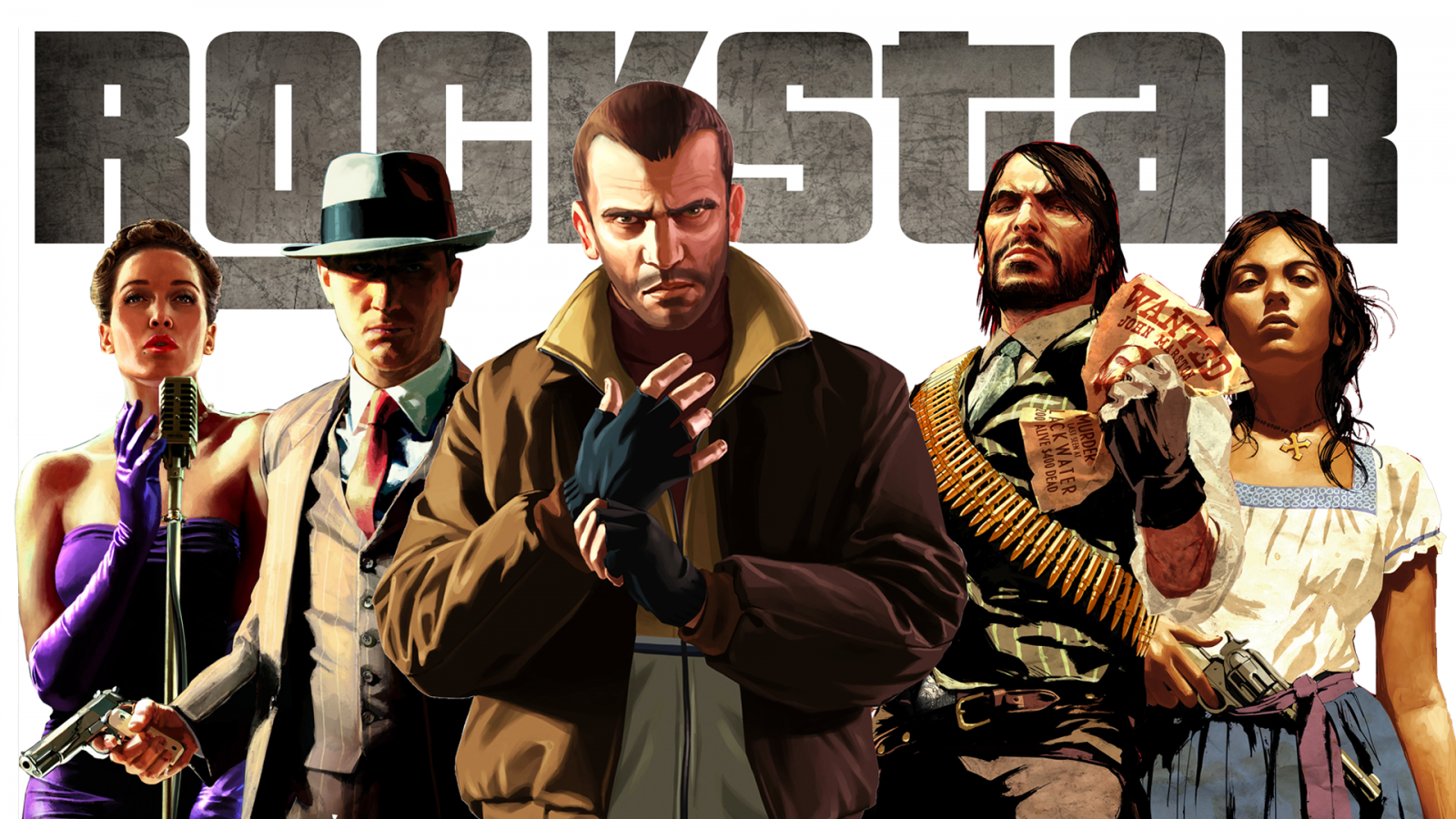 Personnages des jeux Rockstar, dont Niko Bellic et John Marston, sous le logo Rockstar
