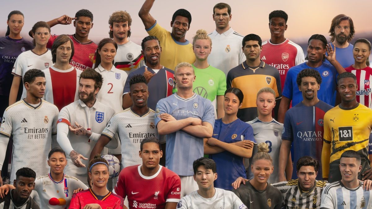 Visuel d’EA Sports FC 24 réunissant des dizaines de footballeurs et footballeuses en maillot de club