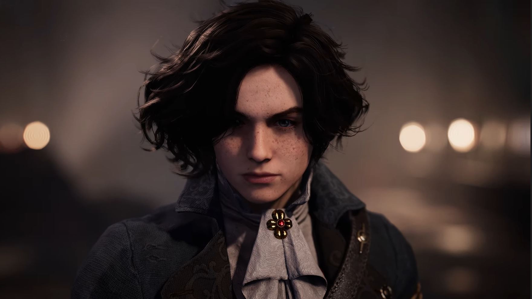 Le héros de Lies of P, jeune homme aux cheveux bruns et au jabot fermé par une broche dorée, regard sombre