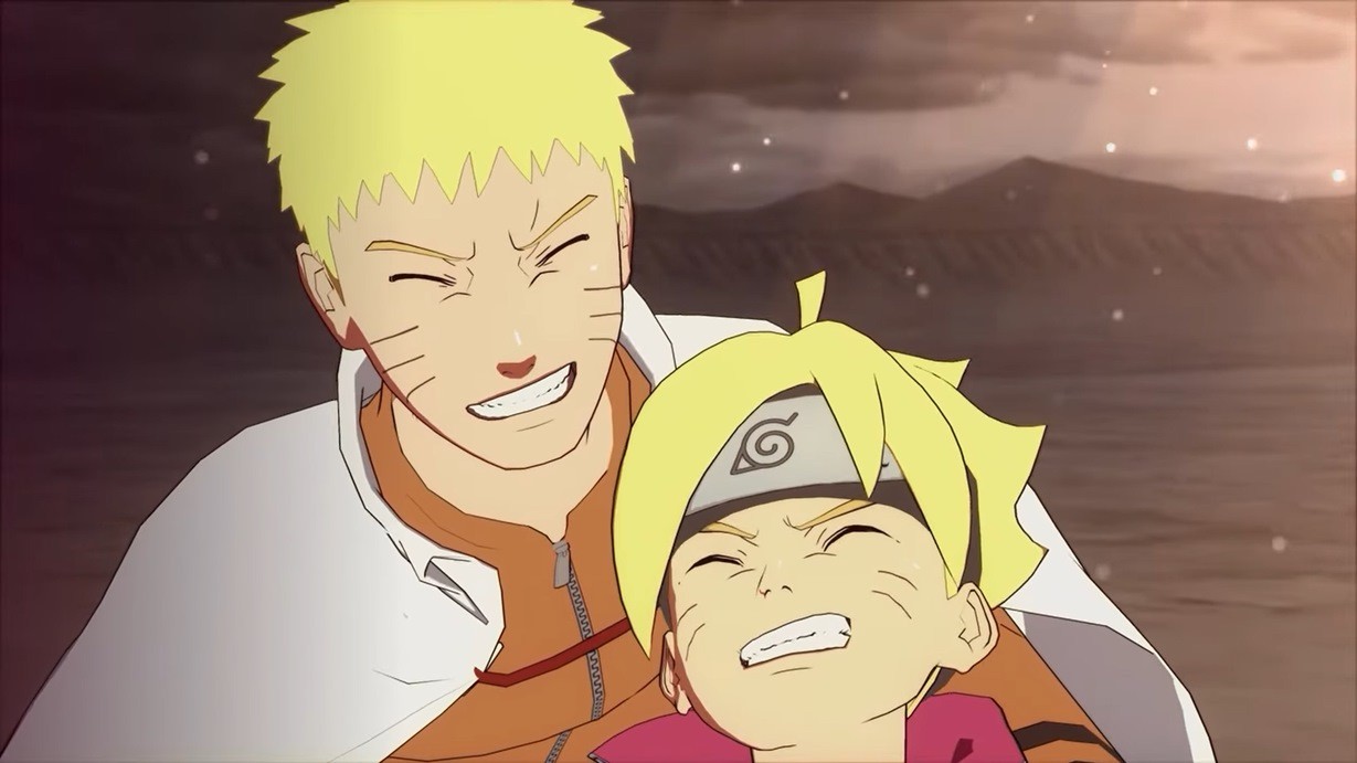Naruto adulte et son fils Boruto, tout sourire, serrés l’un contre l’autre