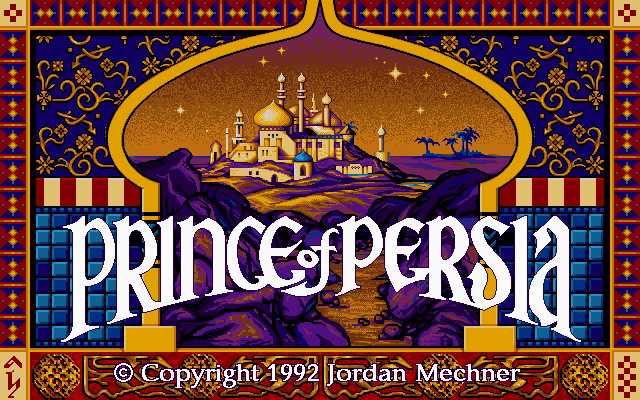 Écran titre de Prince of Persia sur Macintosh, palais oriental sous un ciel étoilé, 1992
