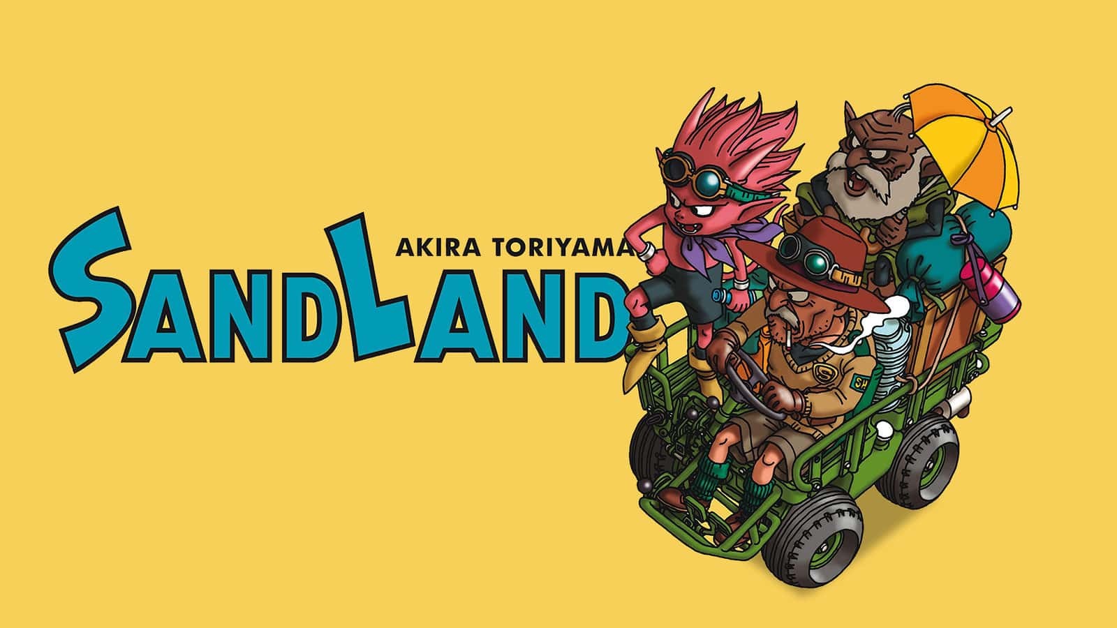 Illustration d’Akira Toriyama&nbsp;: Beelzebub, Rao et Thief à bord d’un véhicule, à côté du logo Sand Land