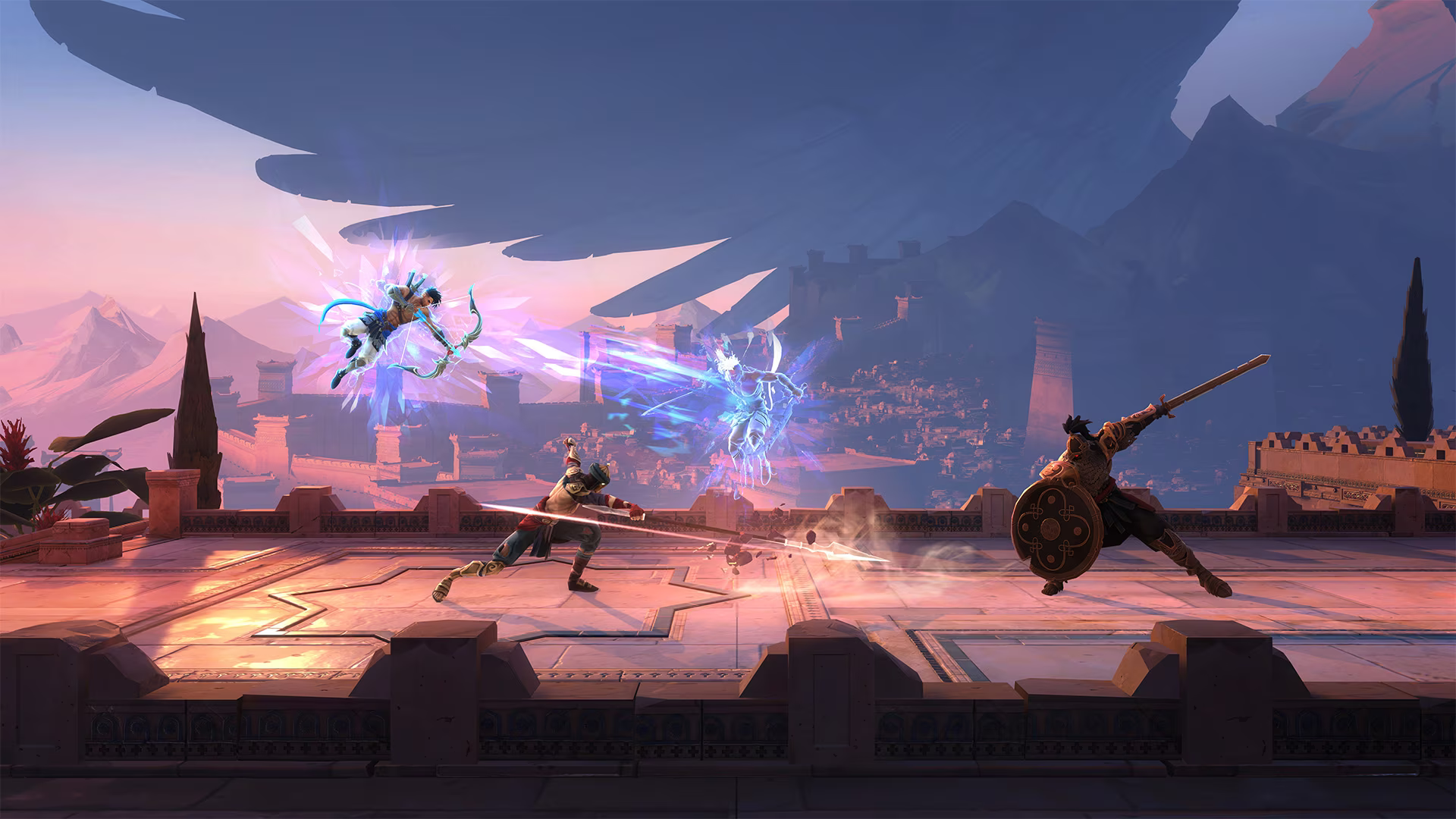 Capture de The Lost Crown&nbsp;: Sargon et son double temporel combattent sur une terrasse