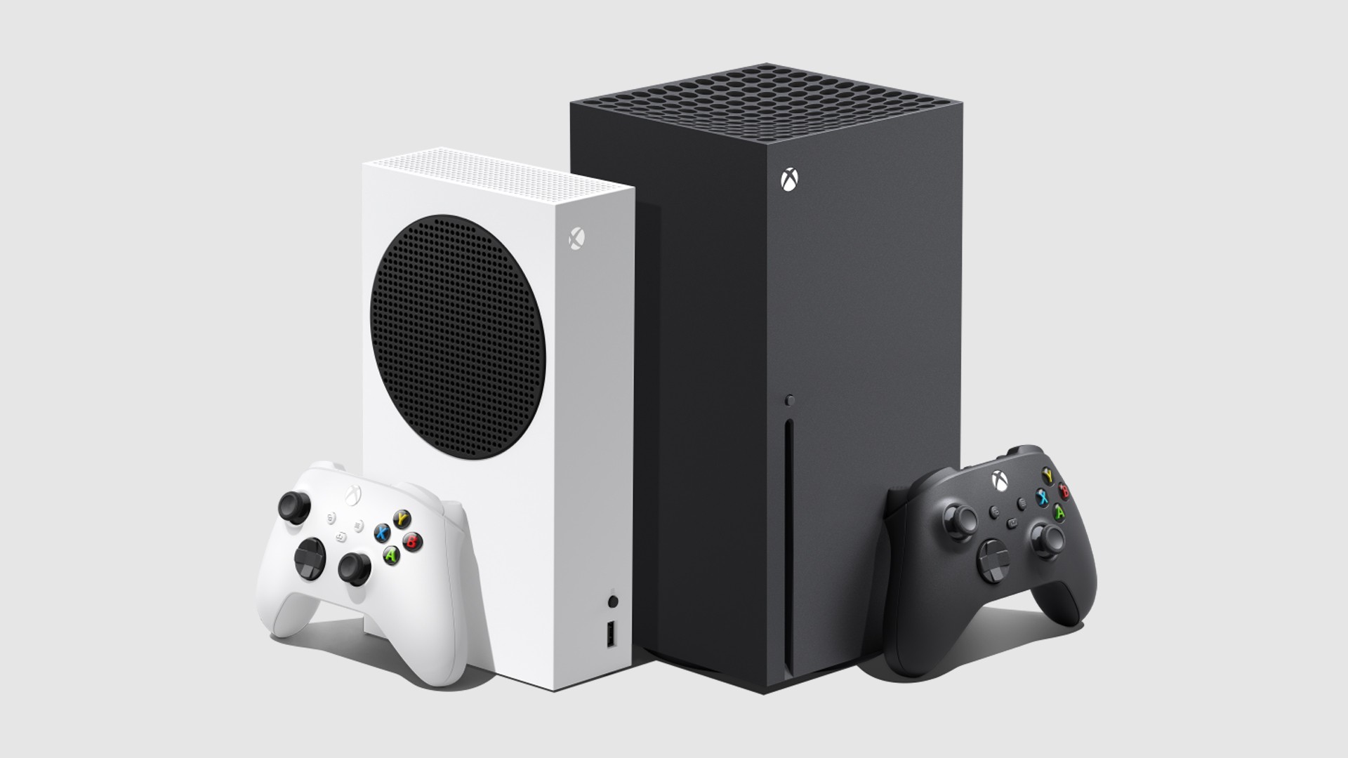 Xbox Series S blanche et Xbox Series X noire, chacune avec sa manette