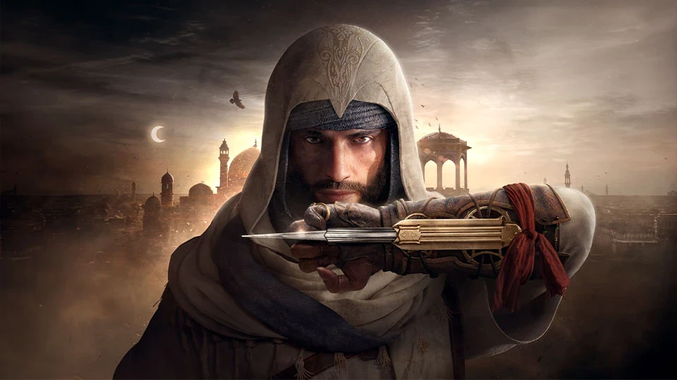 Basim, capuche blanche, déploie sa lame secrète devant les dômes de Bagdad dans Assassin’s Creed Mirage