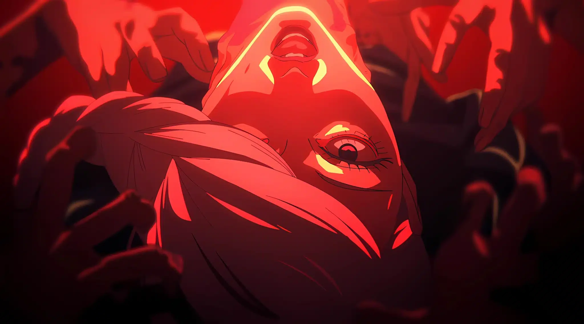 Plan de Jujutsu Kaisen baigné de lumière rouge&nbsp;: un visage renversé entouré de mains