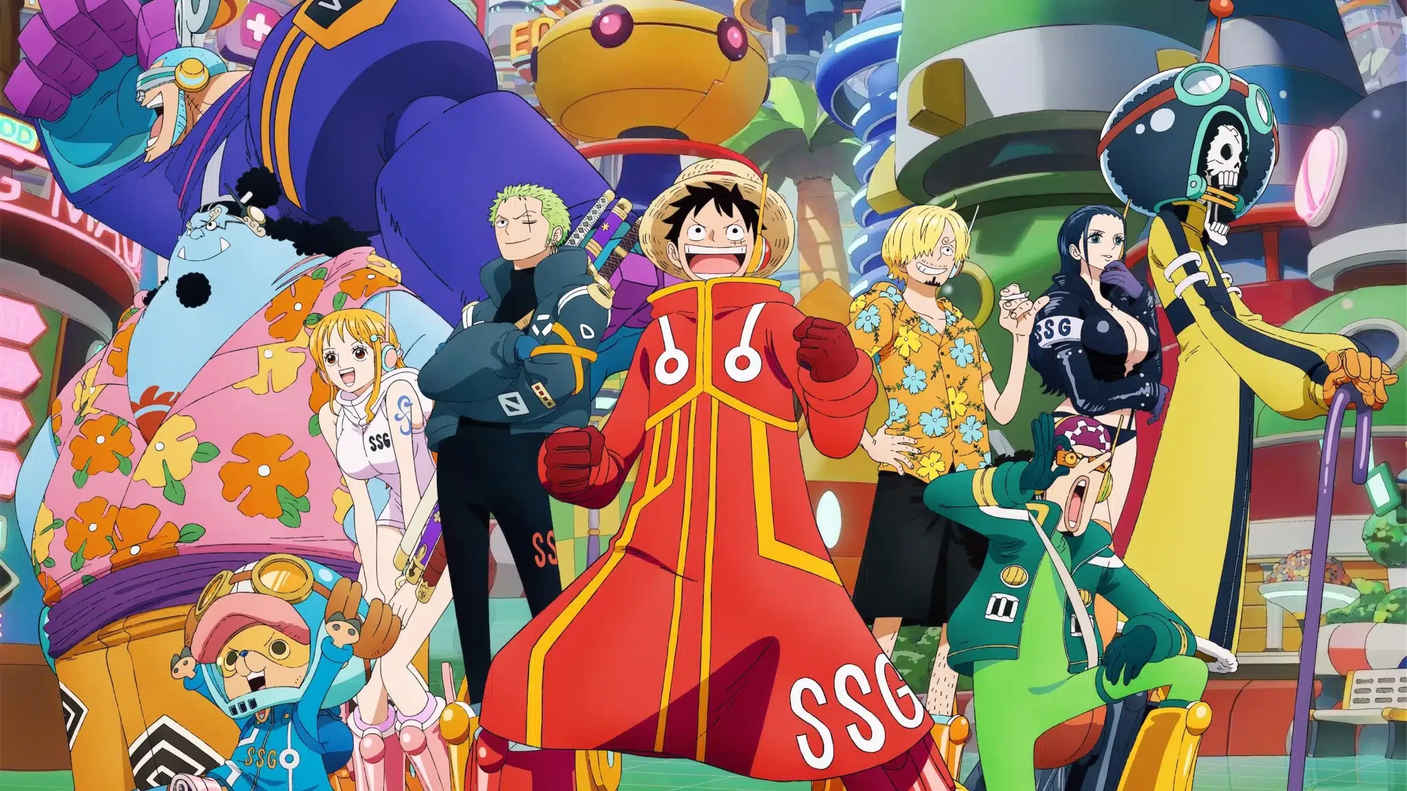 Visuel de l’arc Egghead de l’anime One Piece&nbsp;: l’équipage au chapeau de paille en tenues futuristes