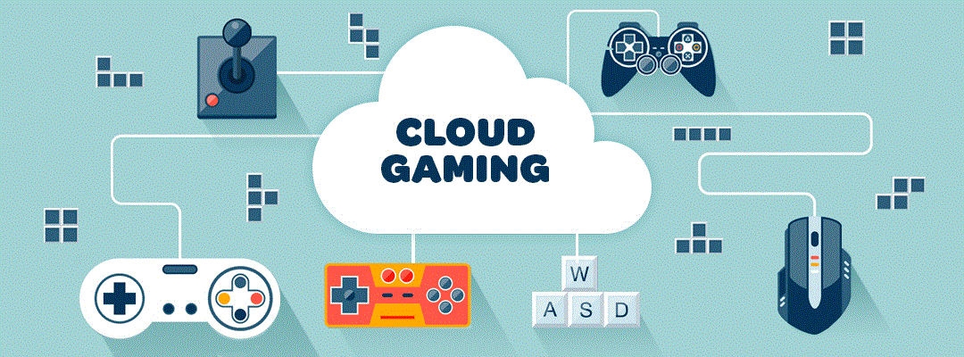 Illustration du cloud gaming&nbsp;: un nuage relié à des manettes, un joystick, un clavier et une souris
