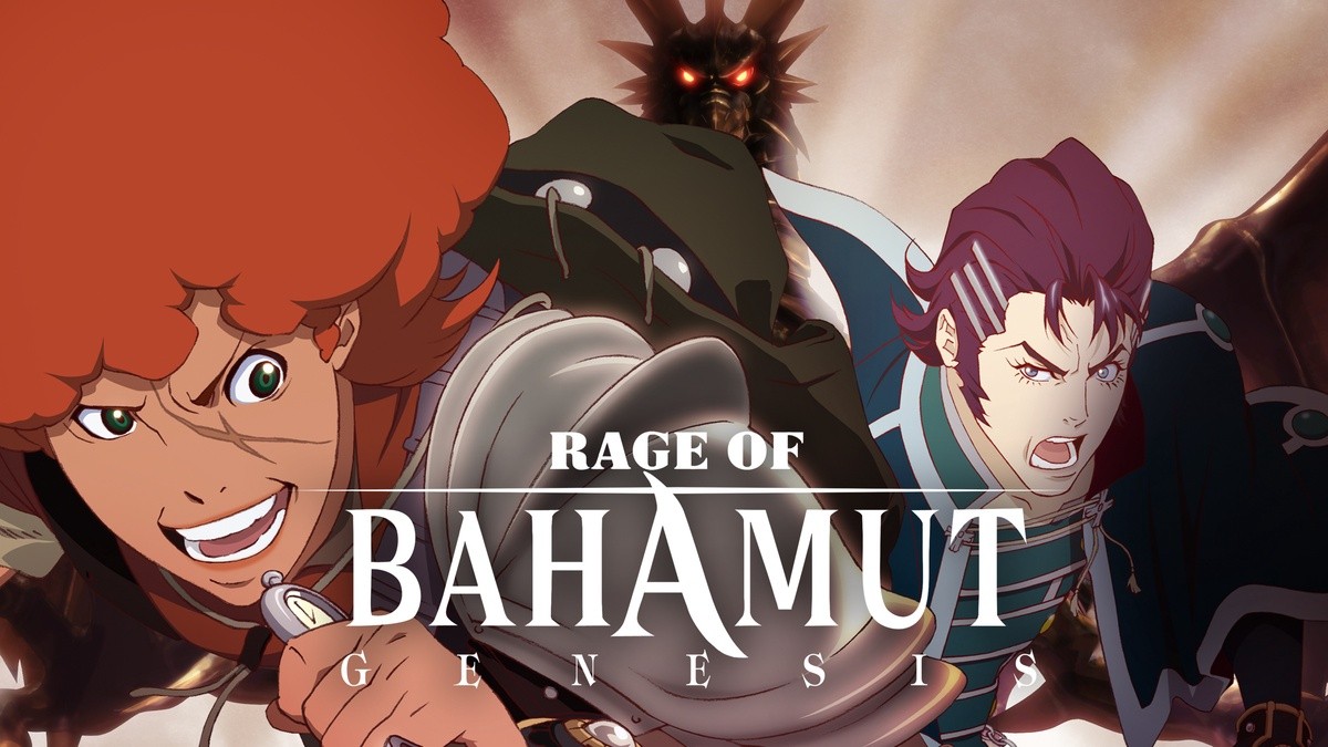 Visuel de l’anime Rage of Bahamut: Genesis, avec ses deux héros et un dragon aux yeux rouges