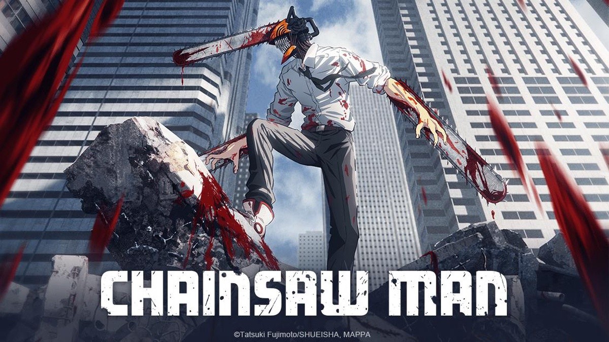 Visuel de Chainsaw Man&nbsp;: le héros, tronçonneuses à la tête et aux bras, entre des gratte-ciel