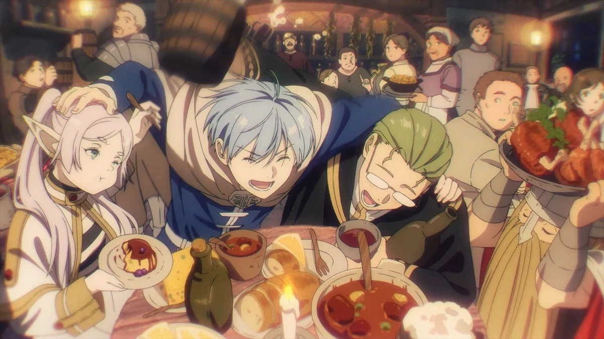 Scène de l’anime Frieren&nbsp;: Frieren et ses compagnons attablés lors d’un festin dans une taverne