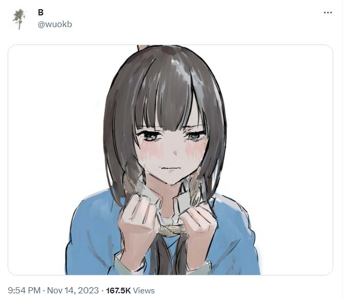 Tweet de @wuokb&nbsp;: dessin d’une jeune femme en larmes, une corde autour du cou