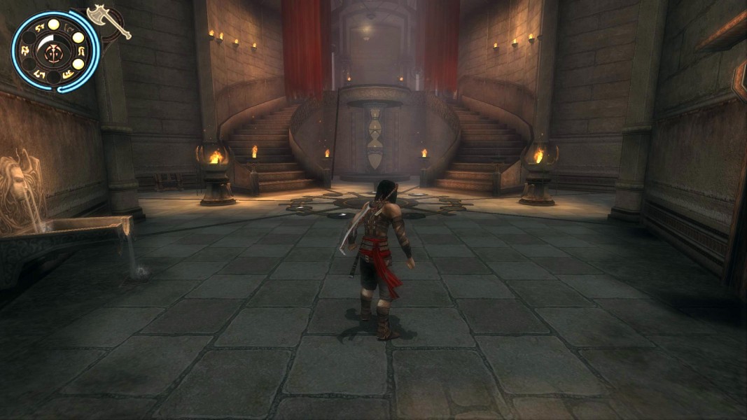 Capture de Warrior Within&nbsp;: le prince dans une grande salle aux escaliers jumeaux et sablier