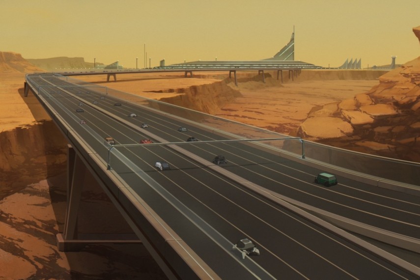 Autoroute suspendue au-dessus d’un canyon martien orangé