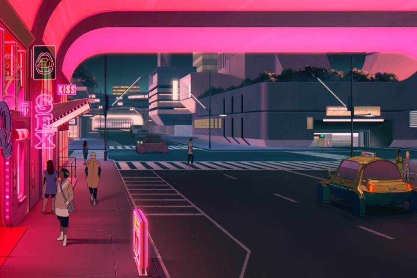 Rue nocturne éclairée de néons roses, passants et taxi jaune futuriste