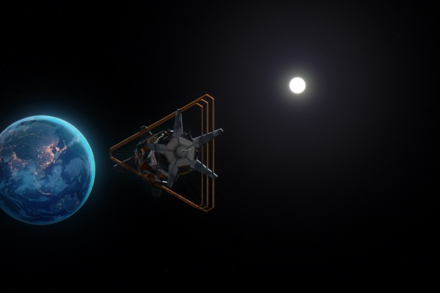 Vaisseau à structure triangulaire dans l’espace, près de la Terre
