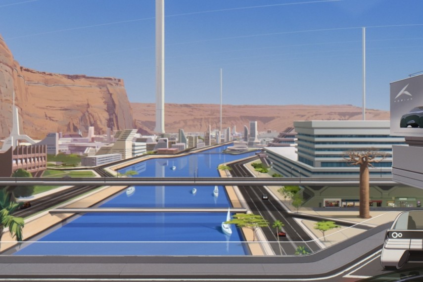 Ville martienne futuriste traversée par un canal, entre des falaises rouges