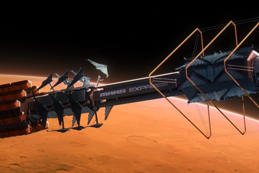 Vaisseau spatial marqué «&nbsp;Mars Express&nbsp;» en orbite au-dessus de la planète rouge