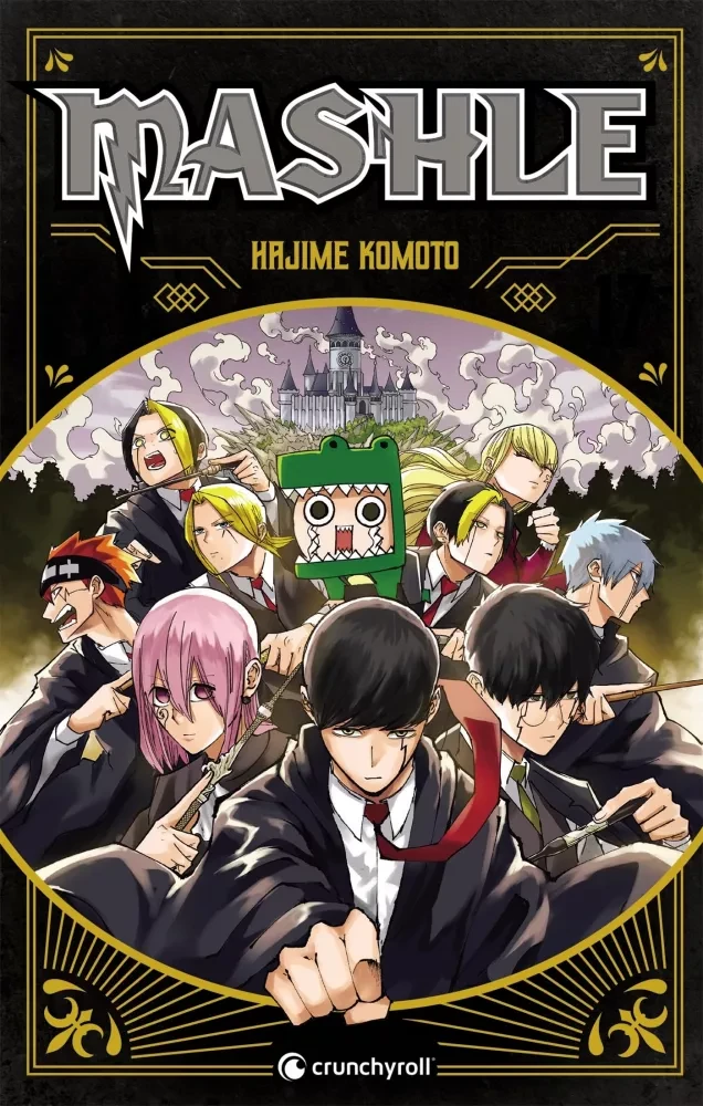 Couverture d’un tome de Mashle édité par Crunchyroll, réunissant Mash et ses camarades