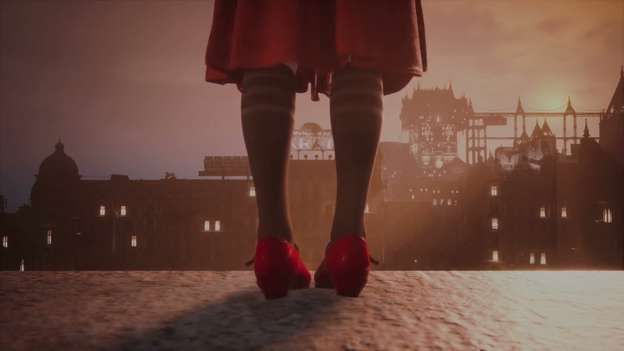 Scène post-générique de Lies of P&nbsp;: une jeune fille aux souliers rouges sur un toit de la ville de Krat