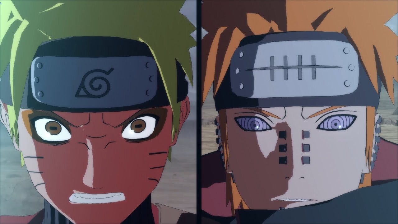 Capture de Naruto Storm 2&nbsp;: Naruto en mode ermite face à Pain, en écran partagé