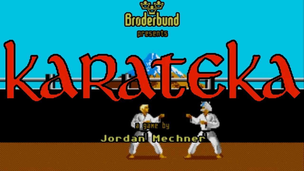 Écran titre de Karateka, jeu de Jordan Mechner&nbsp;: deux karatékas face à face sous le titre rouge