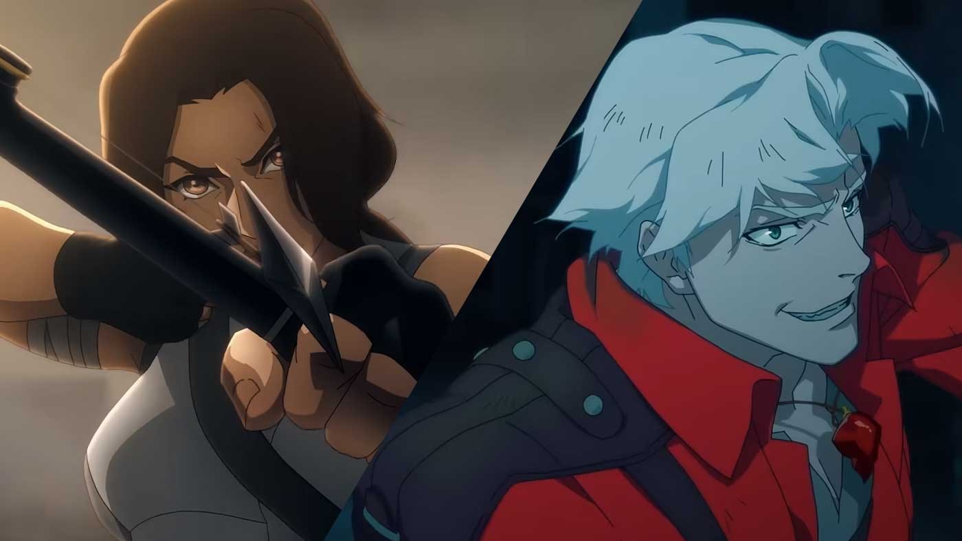 Lara Croft visant à l’arc et Dante souriant, dans les séries animées Tomb Raider et Devil May Cry