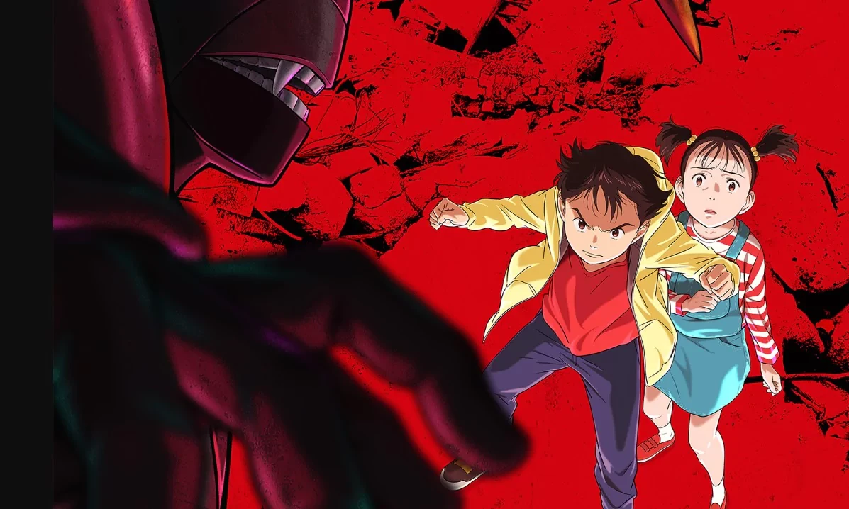 Visuel de l’anime Pluto&nbsp;: Atom et Uran sur fond rouge face à un robot menaçant