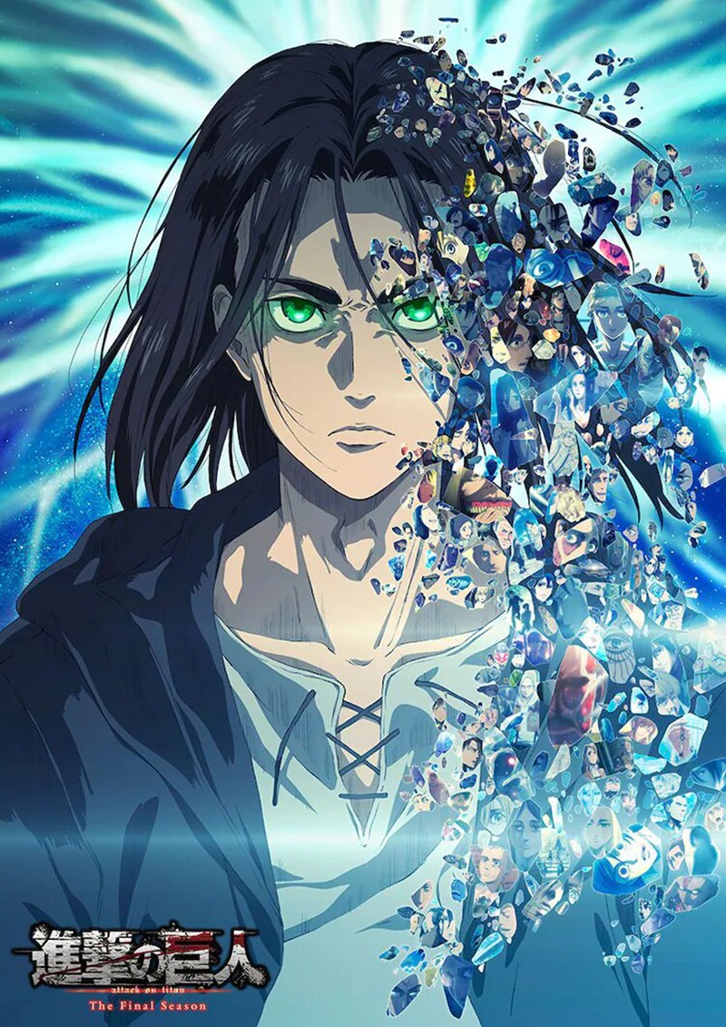 Visuel de L’Attaque des Titans The Final Season&nbsp;: Eren, les yeux verts, le visage se brisant en éclats