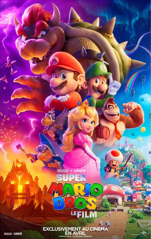 Affiche française de Super Mario Bros. le film avec Bowser, Mario, Luigi, Peach, Donkey Kong et Toad