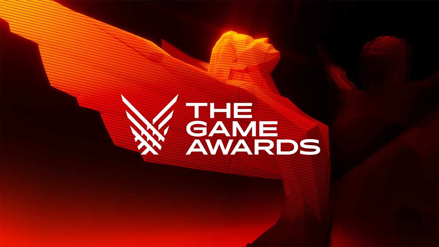 Logo des Game Awards devant la statuette ailée du trophée, sur fond rouge
