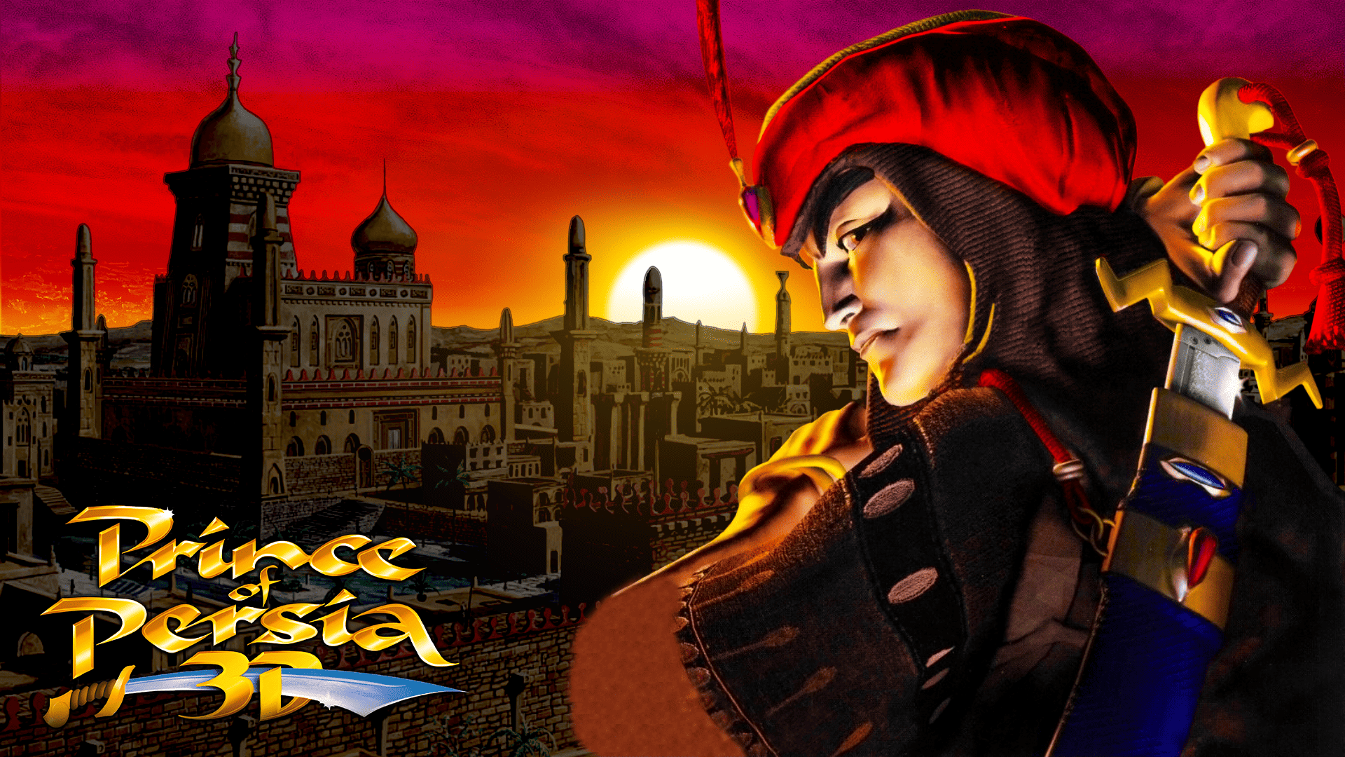 Visuel de Prince of Persia 3D&nbsp;: le prince au turban rouge devant une cité au coucher du soleil