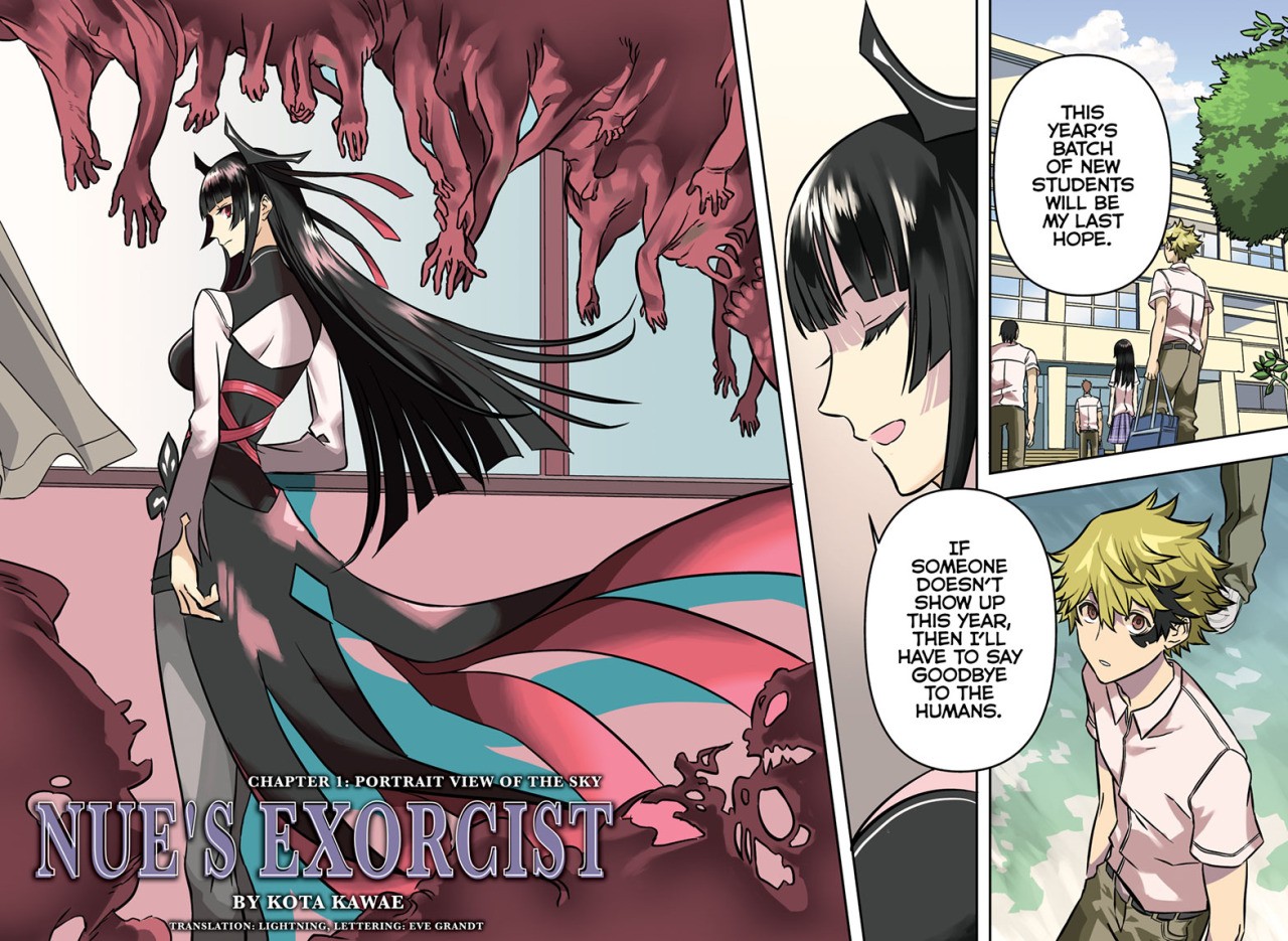 Page d’ouverture du chapitre 1 de Nue’s Exorcist&nbsp;: Nue de dos, longue chevelure noire, face à un lycéen blond