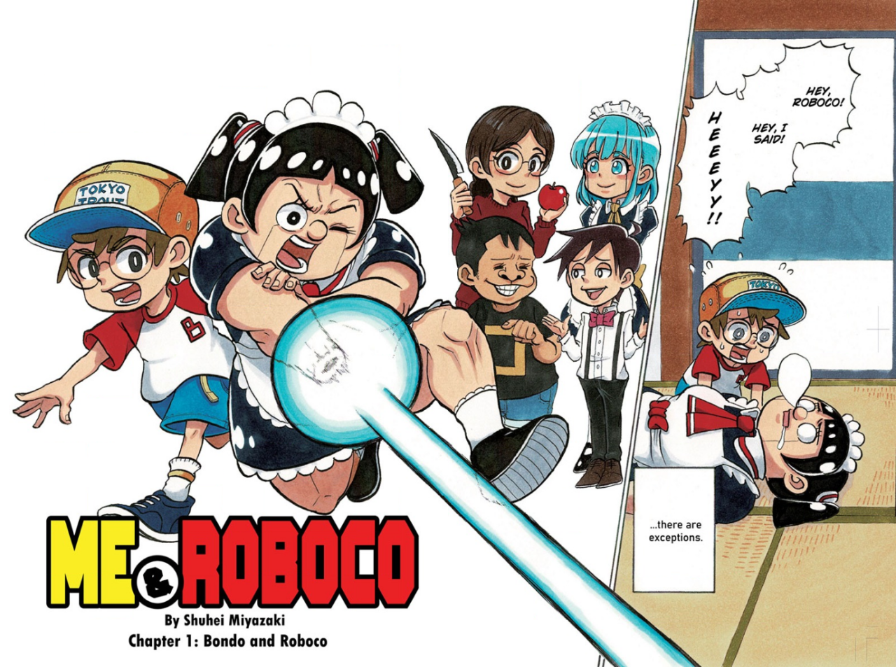 Page d’ouverture du chapitre 1 de Me & Roboco&nbsp;: Roboco en tenue de maid bondit aux côtés de Bondo