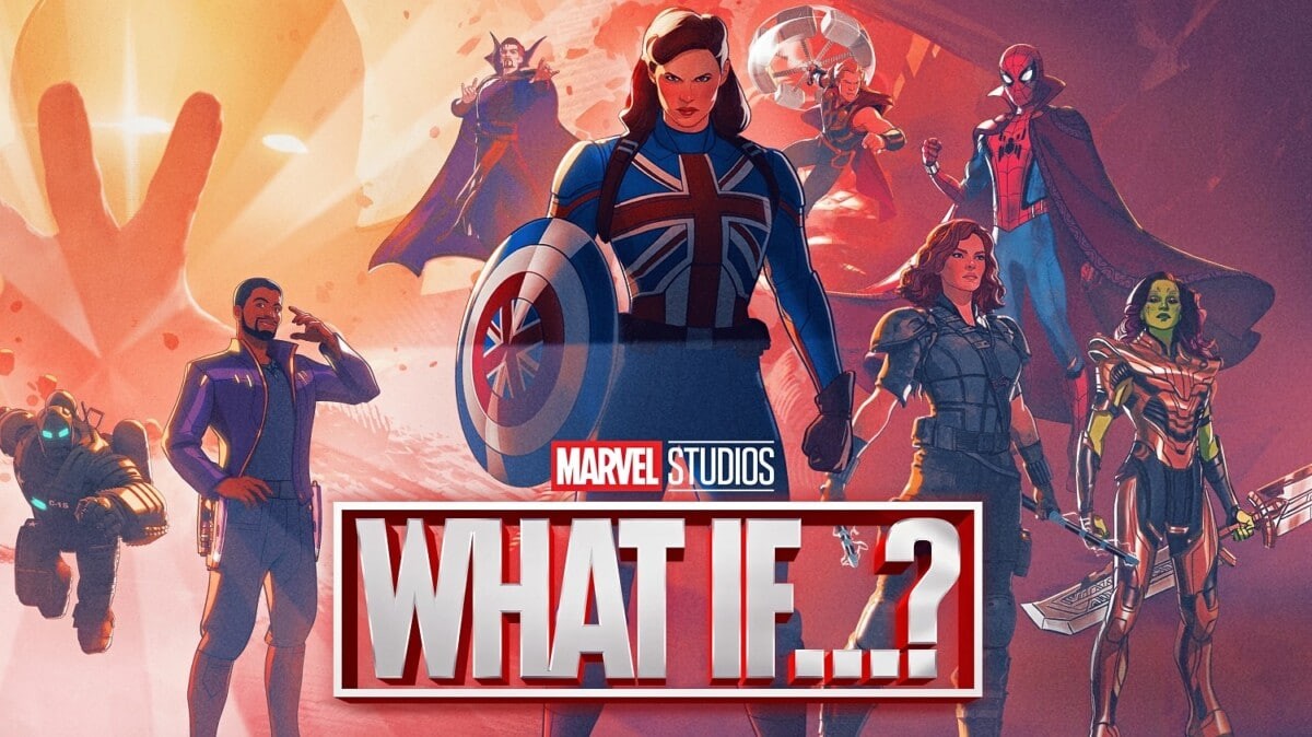 Visuel de What If…?&nbsp;: Captain Carter et son bouclier, entourée de héros Marvel animés