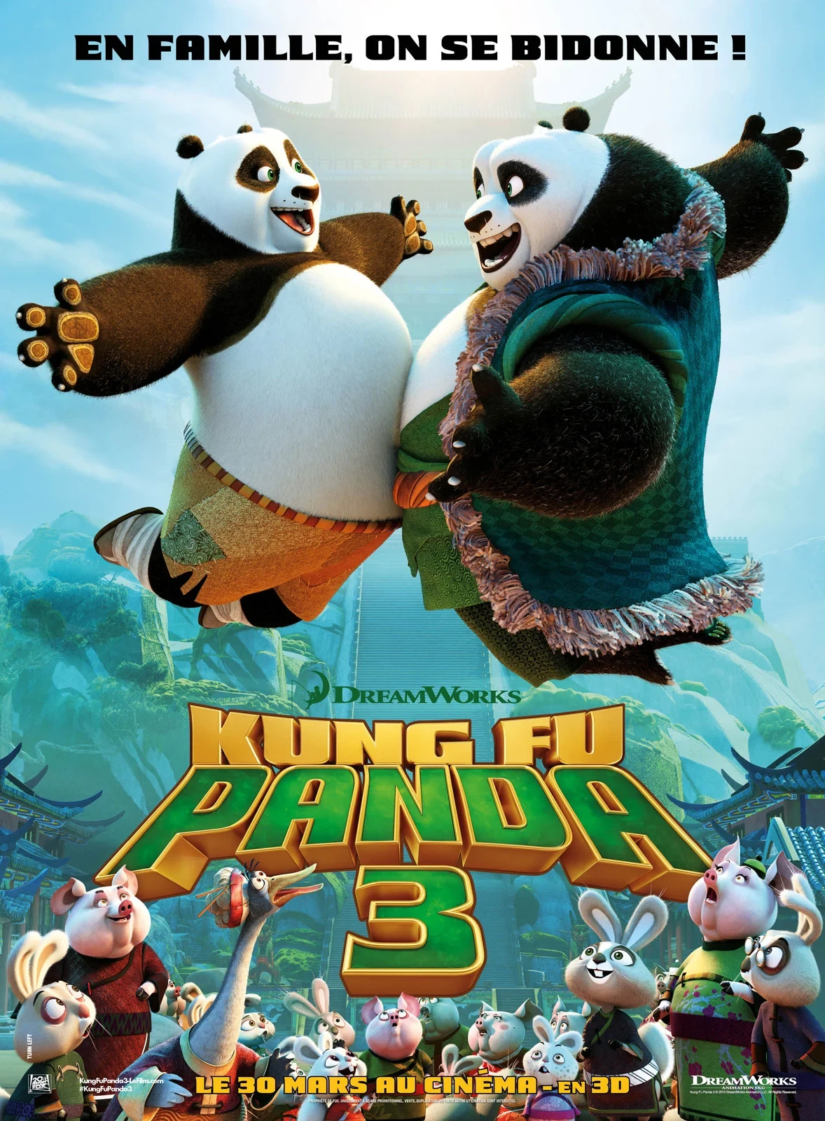 Affiche française de Kung Fu Panda 3&nbsp;: Po et un autre panda bondissent l’un vers l’autre