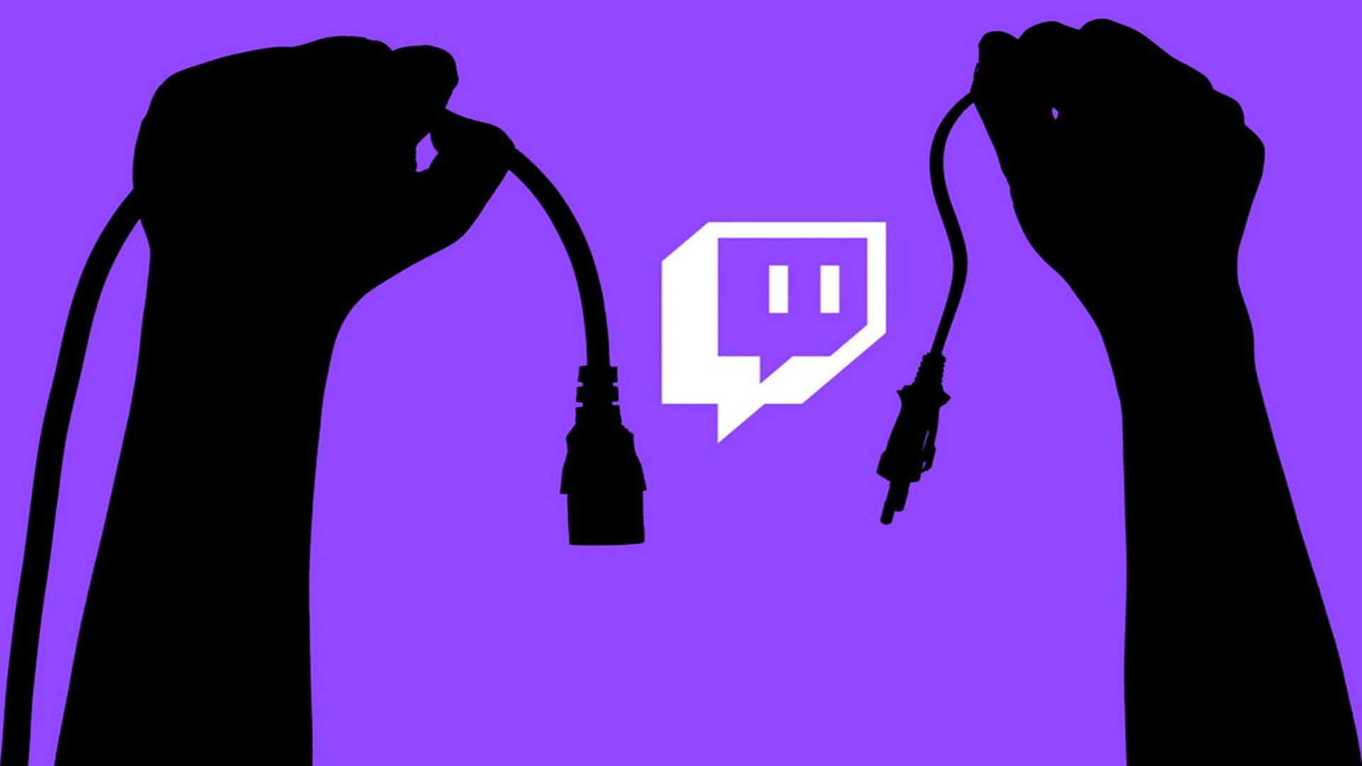 Deux mains en silhouette séparent les deux bouts d’un câble électrique autour du logo de Twitch