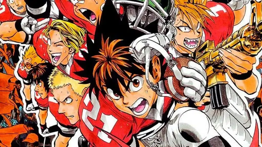 Illustration d’Eyeshield 21&nbsp;: Sena, maillot rouge numéro 21, fonce ballon en main avec ses coéquipiers