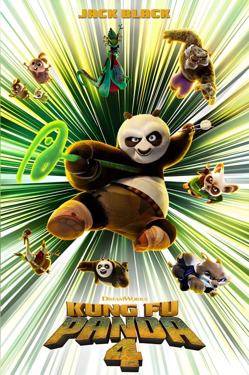 Affiche de Kung Fu Panda 4&nbsp;: Po bâton en main, entouré de Tai Lung, de la Caméléone et d’autres personnages