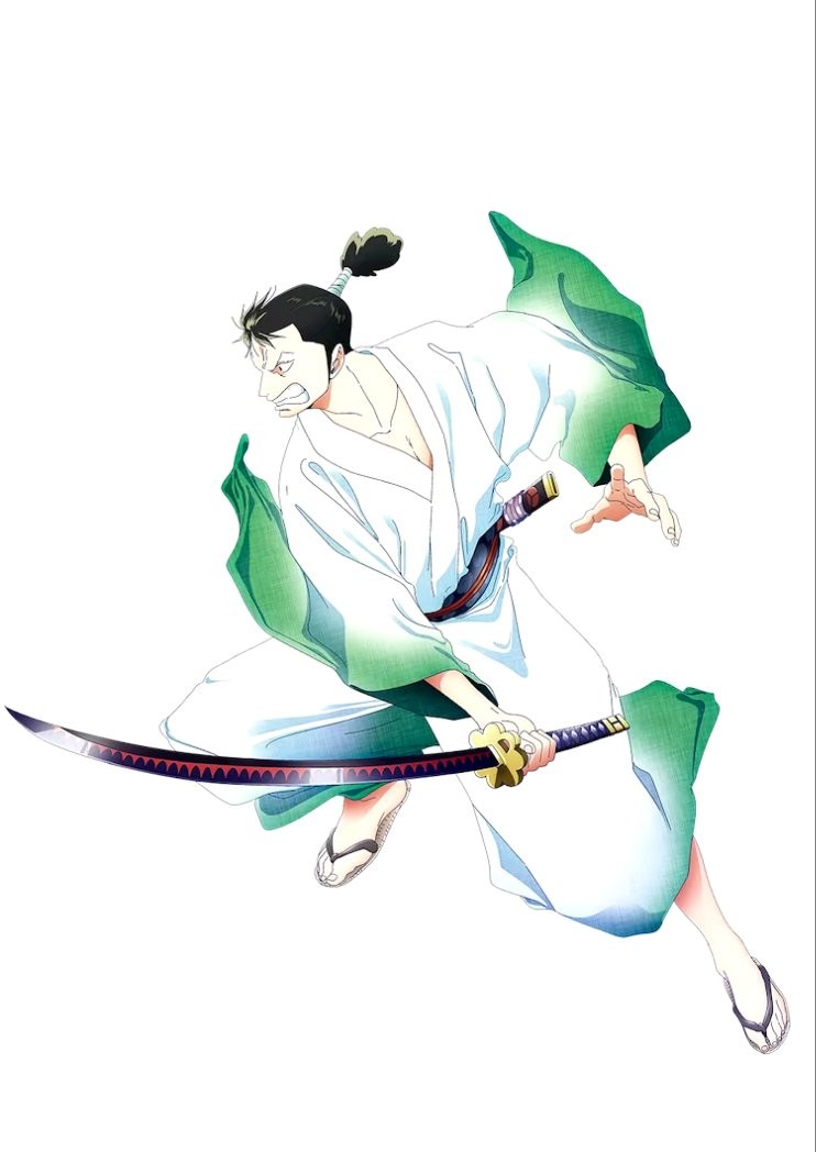Chara design de Ryuma en kimono blanc et vert, sabre dégainé, pour l’anime Monsters